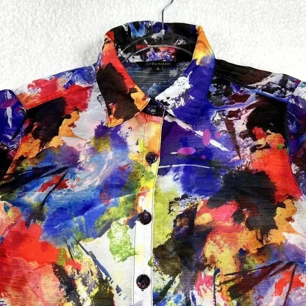 John Mark Mixed Print Blue Button Front Long Shee… - image 4